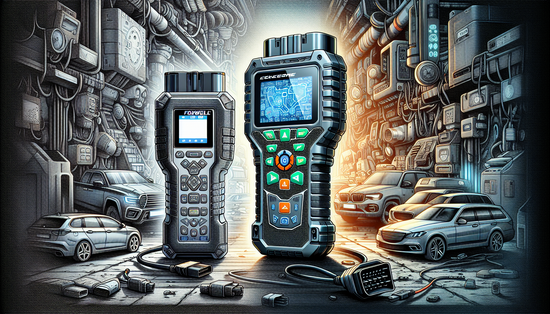 Illustration of Foxwell NT614 Elite and SeekOne SK860 rugged OBD scanners