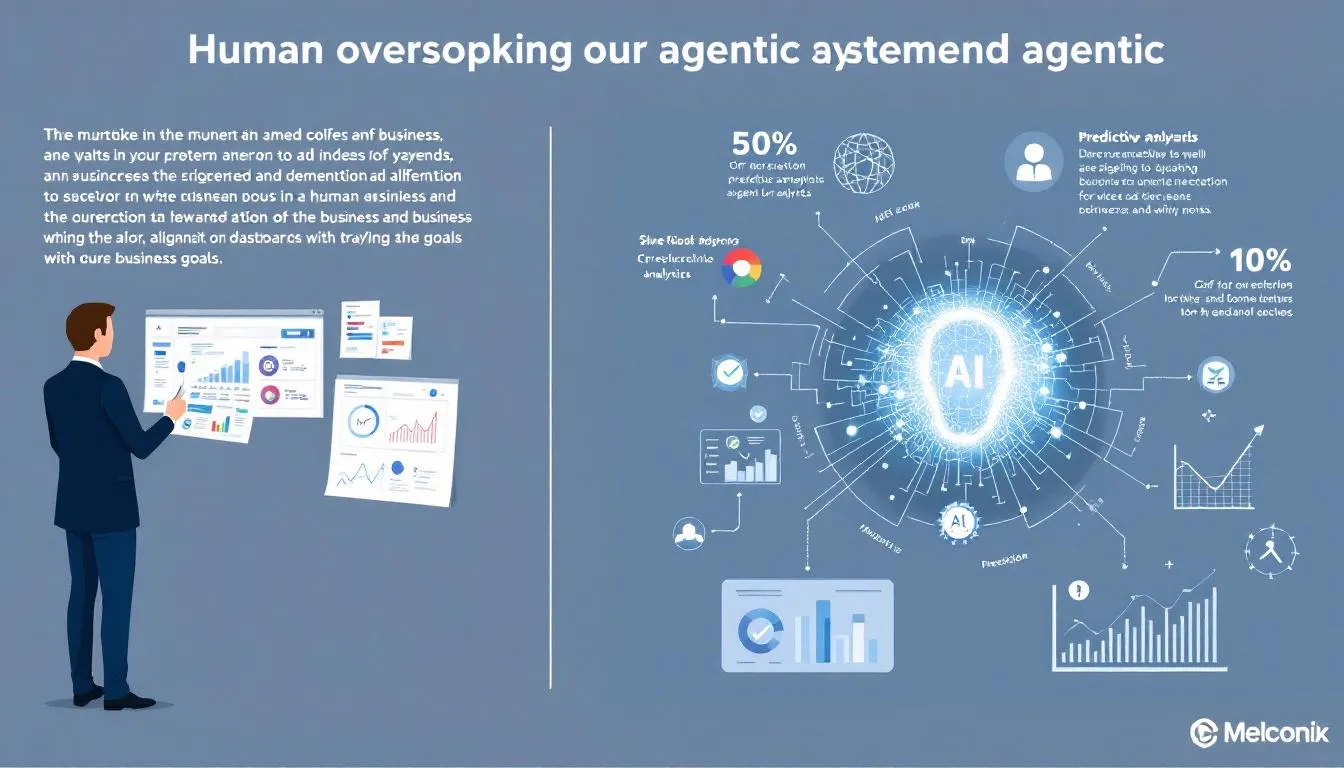 The image illustrates the concept of agentic AI systems, which are autonomous AI agents capable of making decisions with minimal human intervention, guided by predictive analytics and machine learning algorithms. It emphasizes the importance of human oversight to align these intelligent systems' actions with business goals and values, ensuring that they effectively manage complex workflows and enhance enterprise data utilization.
