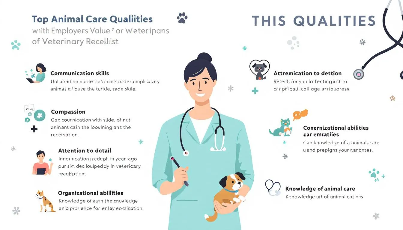 The image features a veterinary receptionist at a welcoming reception area, engaging with pet owners while managing phone calls and scheduling appointments. The scene highlights the essential qualities of a dedicated veterinary receptionist, including excellent customer service skills and a friendly, professional demeanor.