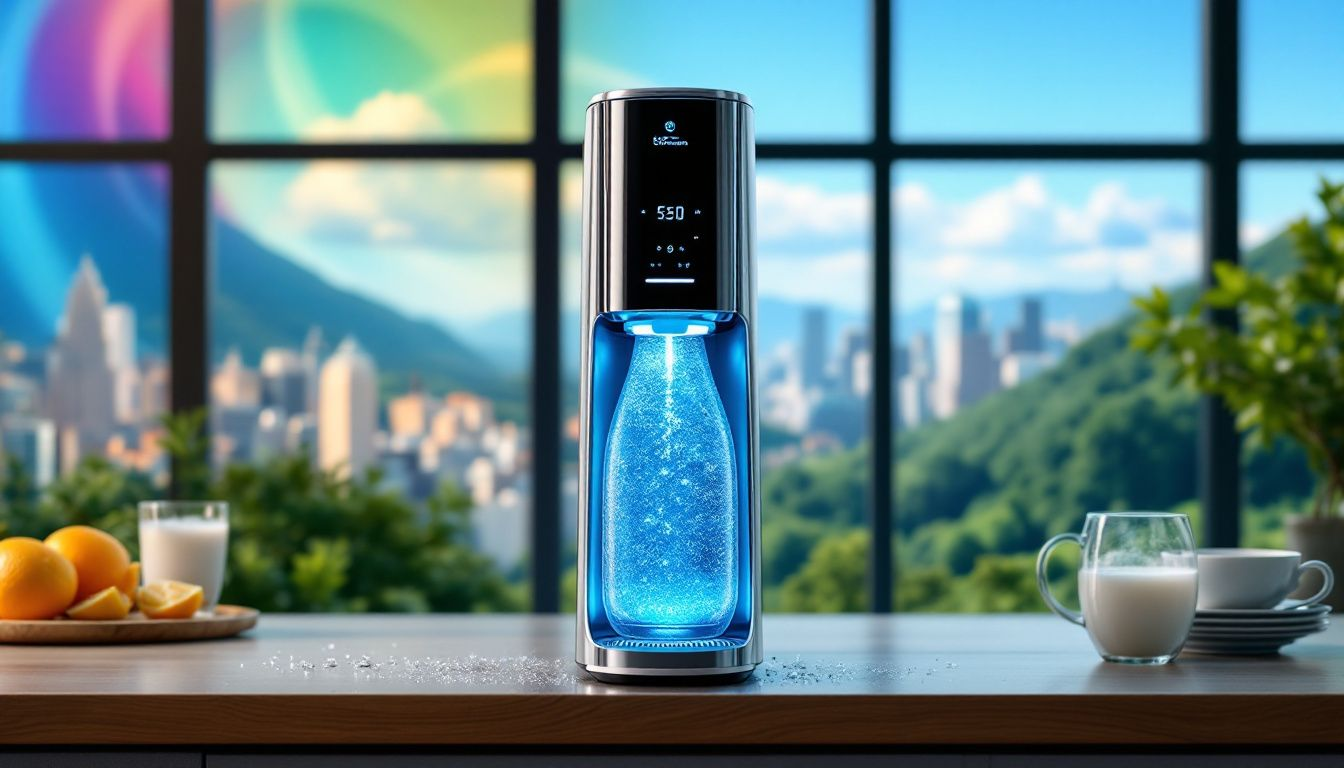 A close-up of key features on a SodaStream sparkling water maker.