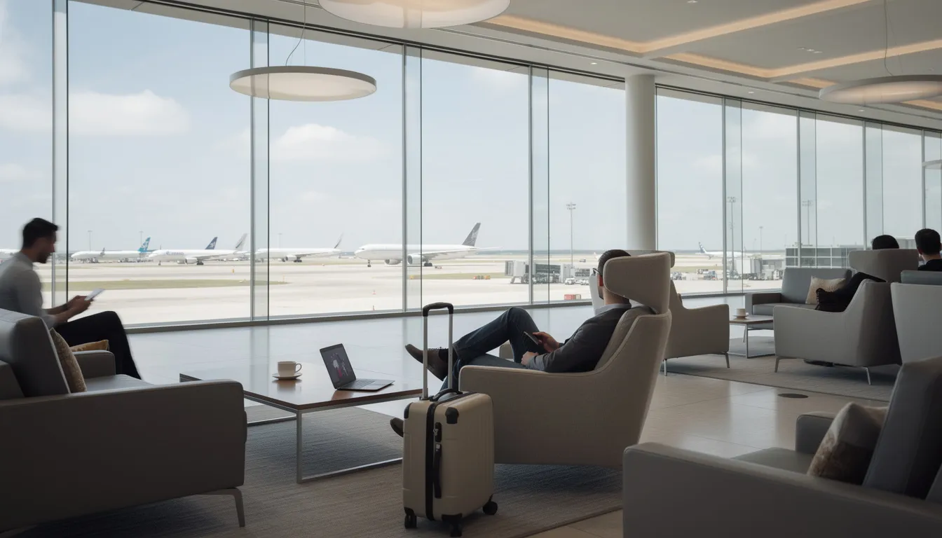 The image shows a person relaxing in a modern airport lounge, surrounded by sleek furniture and large windows that provide a view of parked planes outside. This lounge is a perfect spot for travelers seeking comfort and convenience, highlighting the benefits of airport lounge access often associated with premium credit cards like the Amex Platinum and Gold cards.