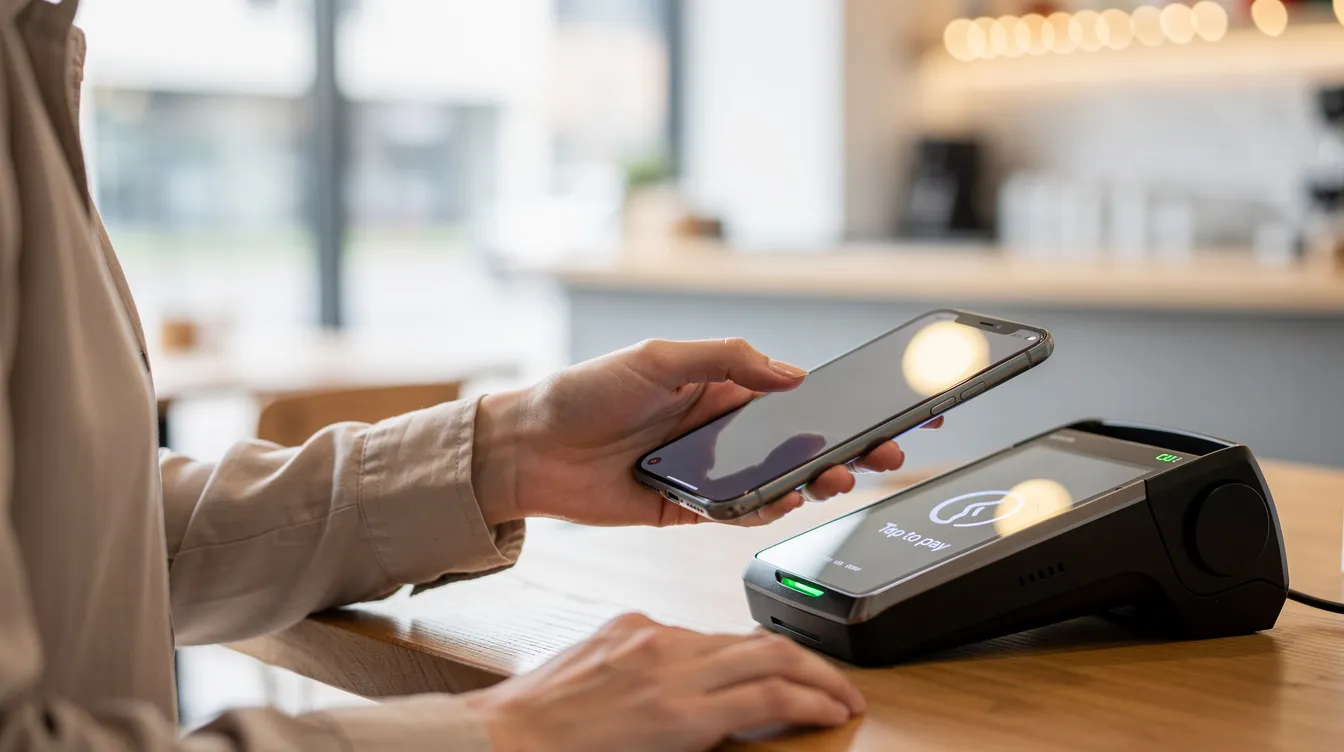 A person is using their smartphone to tap against a payment terminal in a modern café, demonstrating the convenience of contactless payments. This scene highlights the use of mobile payment apps like Apple Pay and Google Pay for seamless and secure transactions.