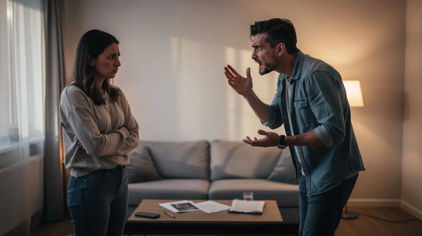 A couple is shown arguing inside their home, displaying frustration and negative emotions as they navigate a power struggle in their romantic relationship. This scene reflects the uncertainty stage of their journey, highlighting the challenges many couples face as they seek deeper emotional intimacy and mutual respect.