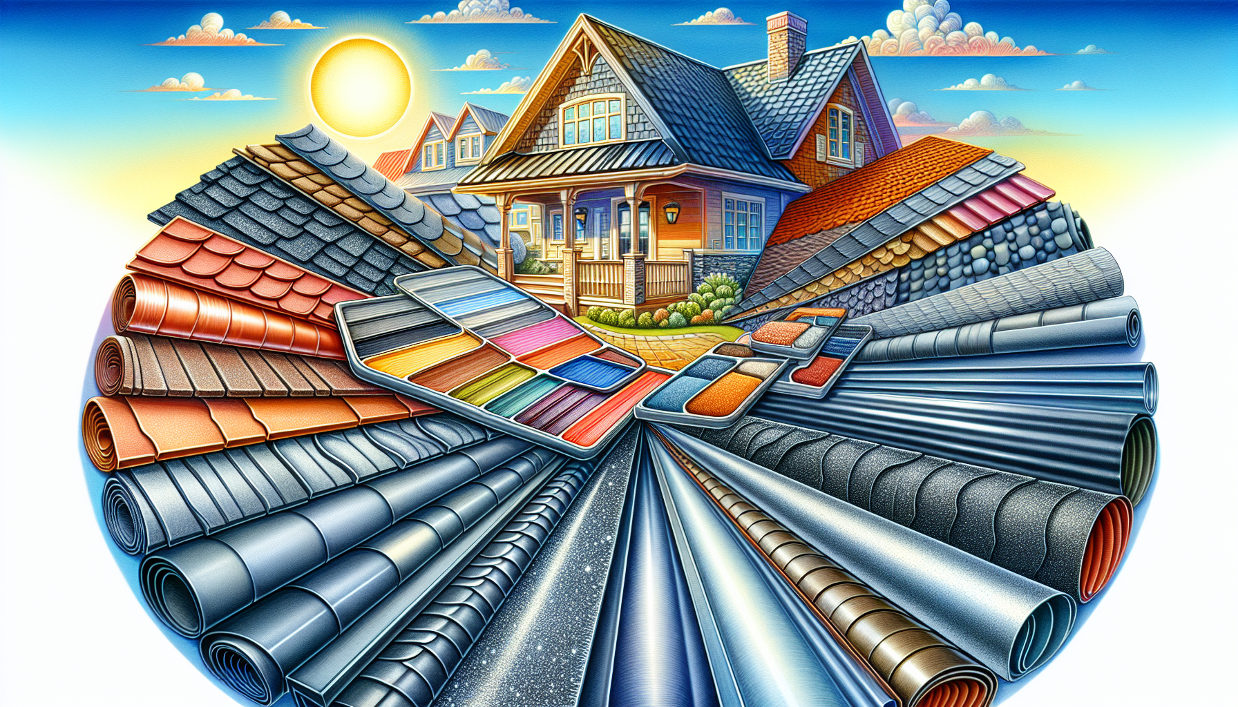 An illustration showing various types of roofing materials including asphalt shingles and metal roofing, helping to evaluate which roof material is best.