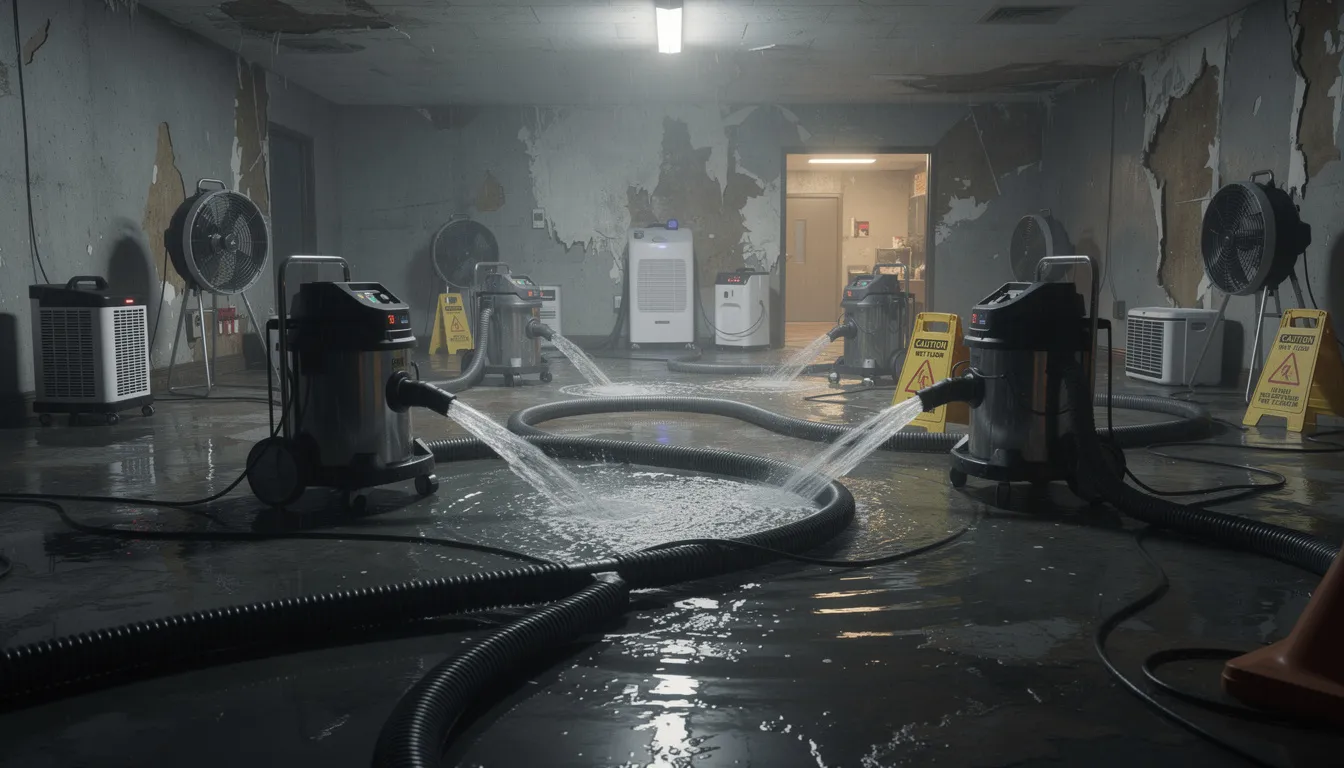 The image shows industrial water extraction equipment actively removing standing water from a flooded room, highlighting the structural drying process aimed at preventing further damage and mold growth. This specialized equipment is essential for effective water removal and minimizing moisture levels in residential and commercial properties.