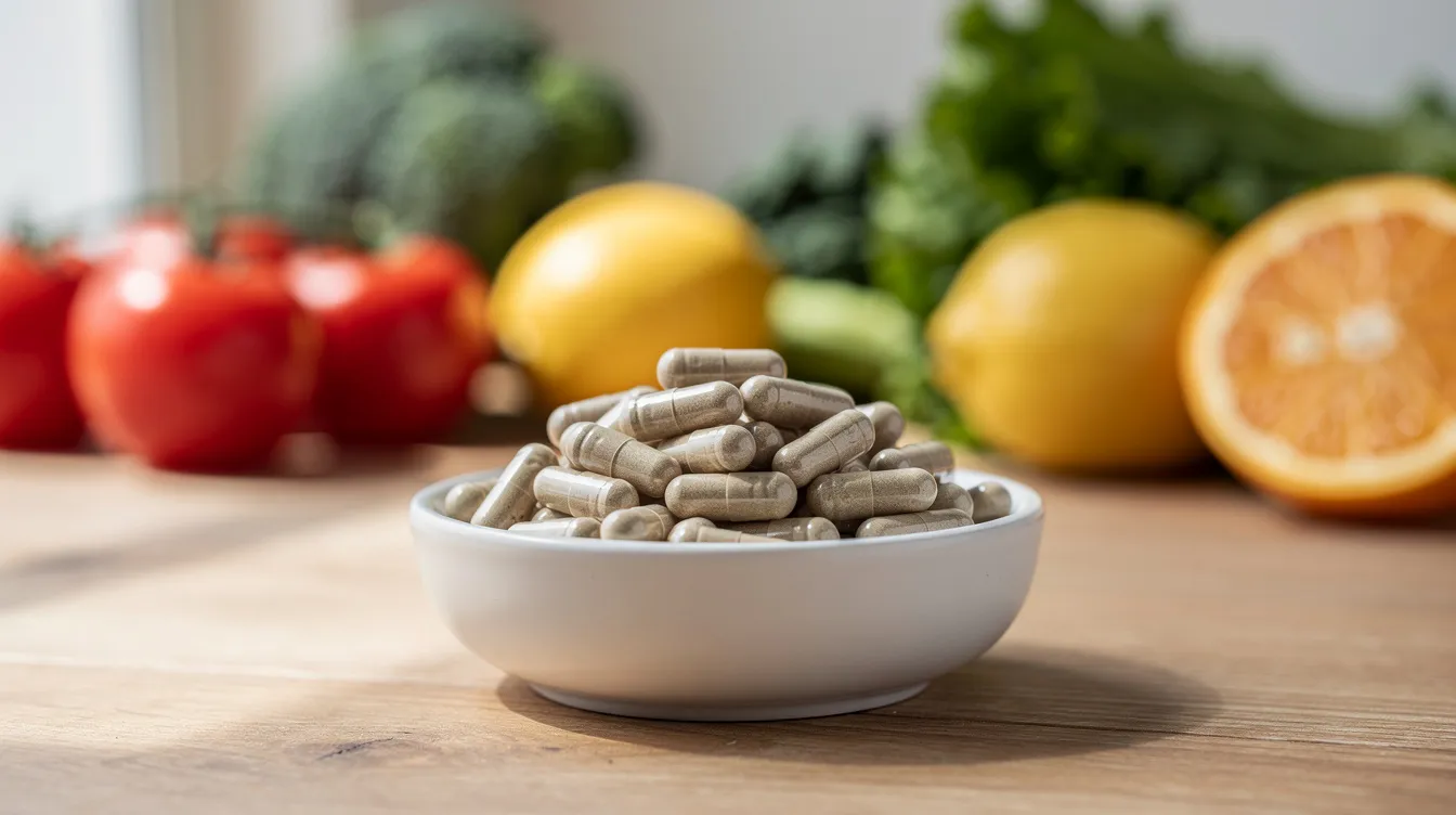 L'image montre un bol en céramique rempli de gélules de complément alimentaire, posé sur une table en bois, entouré de fruits et légumes frais. Ces compléments, comme la berbérine, sont souvent associés à des bienfaits pour la santé, notamment dans la gestion du poids et la sensibilité à l'insuline.