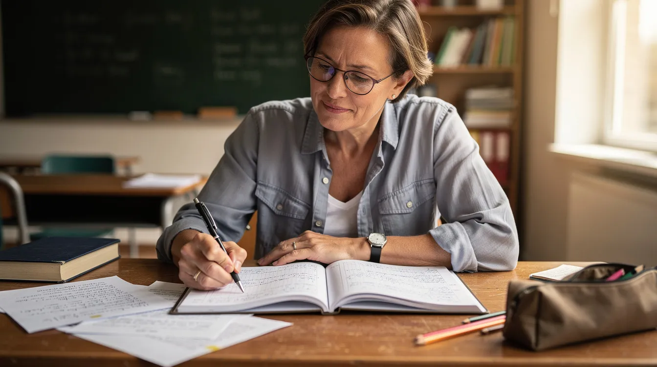 Nauczyciel siedzi przy biurku, trzymając długopis w ręku i przeglądając otwarty zeszyt, co sugeruje jego zaangażowanie w codzienną pracę oraz dokumentowanie postęp&oacute;w uczni&oacute;w w dzienniku pedagoga specjalnego. W tle można dostrzec materiały dydaktyczne, kt&oacute;re wspierają jego działalność wychowawczą i pomoc psychologiczno-pedagogiczną.