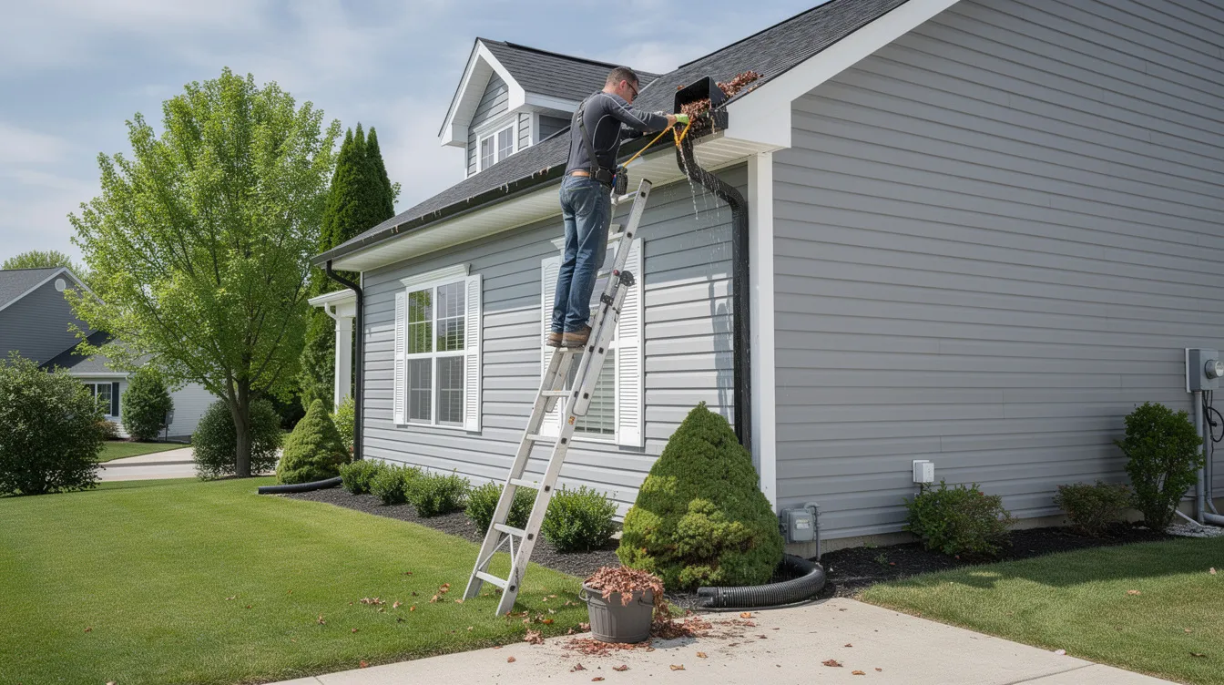 The image depicts a well-maintained home featuring clean exterior gutters and downspouts, surrounded by lush trees. This showcases the importance of regular gutter cleaning and maintenance to prevent water damage and enhance curb appeal in the Pueblo area.