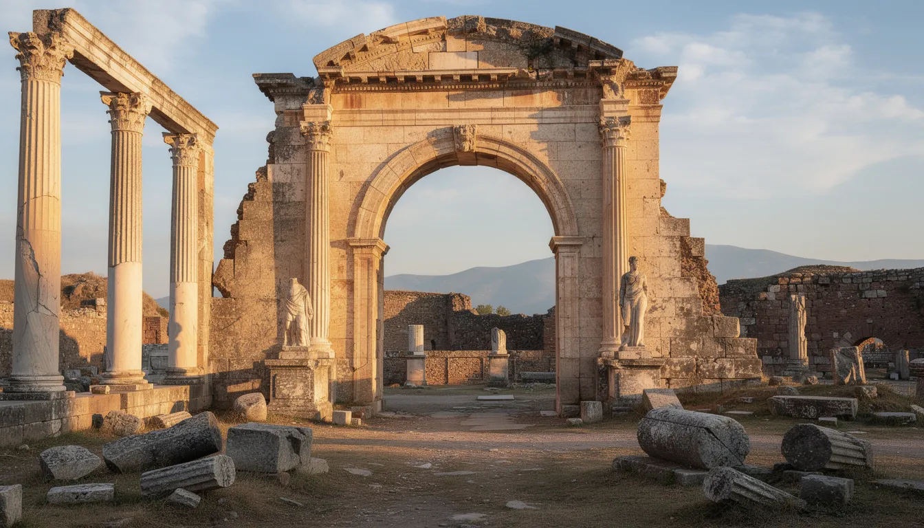 The image features ancient Roman columns and an archway at an archaeological site, showcasing remnants of a bygone era. This site, reminiscent of the rich history found in the medina of Fez, Morocco, highlights the blend of ancient architecture and cultural heritage.