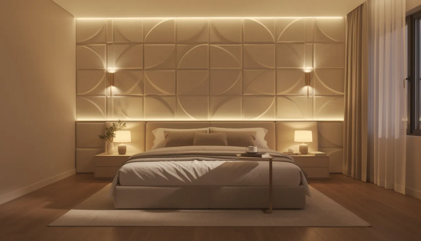 Een sfeervolle slaapkamer met champagnekleurige akoestische wandpanelen achter het bed, verlicht door warme verlichting die bijdraagt aan een luxe uitstraling. De wandpanelen geven de ruimte een elegante look en zorgen voor een comfortabele akoestiek.