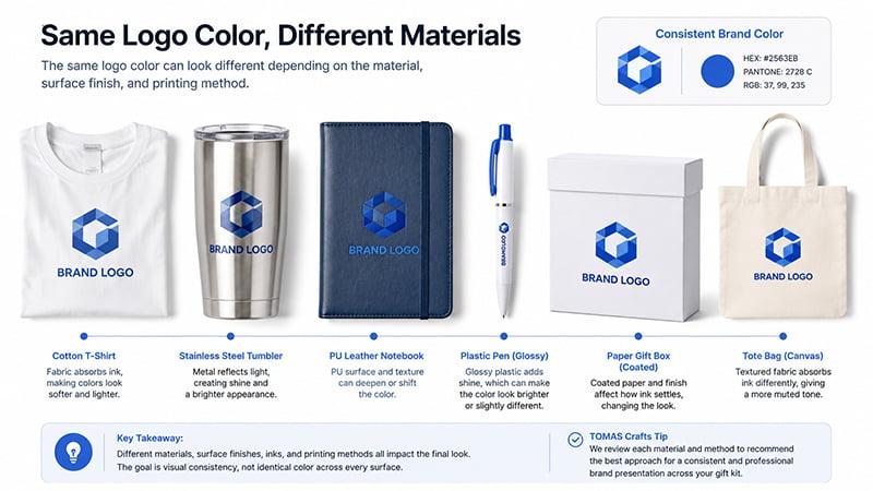 Same logo color printed on different materials including T-shirt tumbler notebook pen gift box and canvas tote bag