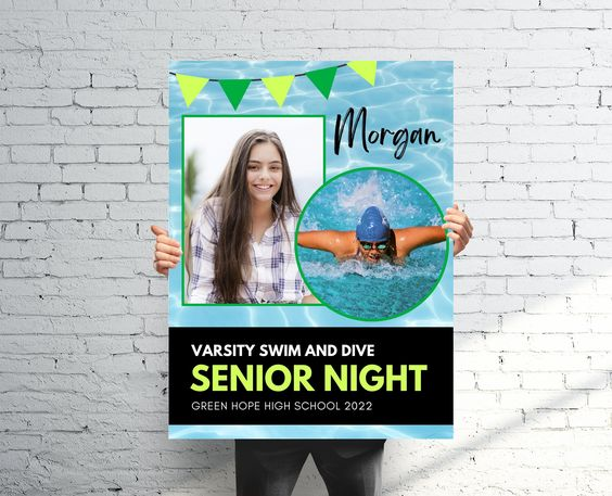 Make senior night fun with posters and special touches for your senior swimmers. Find this poster on Etsy from our partner, Triangle Senior Year!