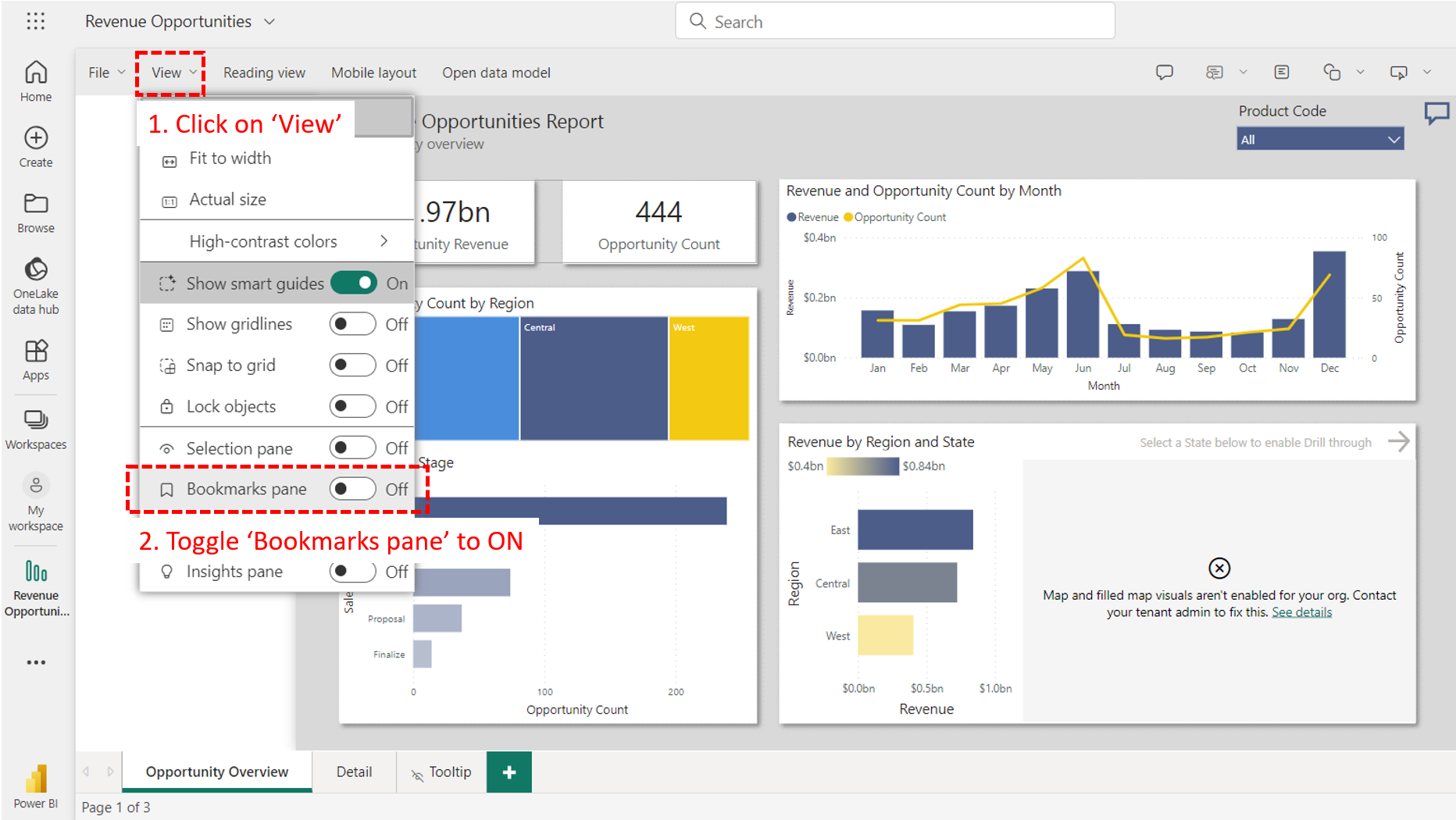 To display Bookmarks pane in the Power BI Service, enable it from same page