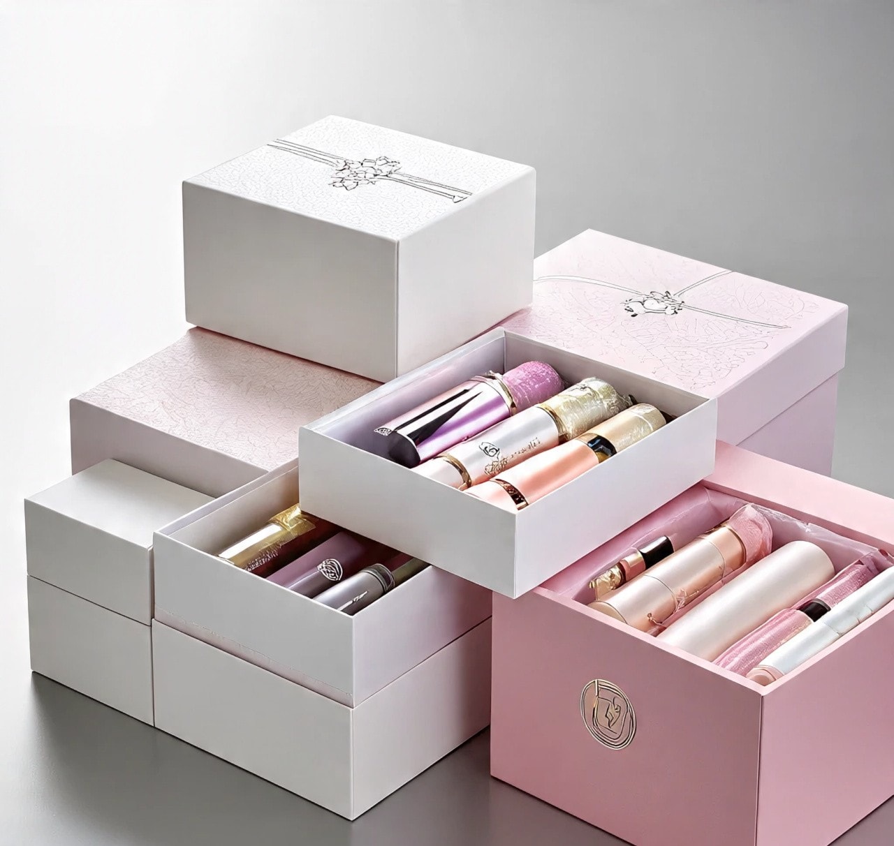 An image showing pink and white packaging boxes filled with cosmetic bottles and skincare products, neatly stacked on a table.