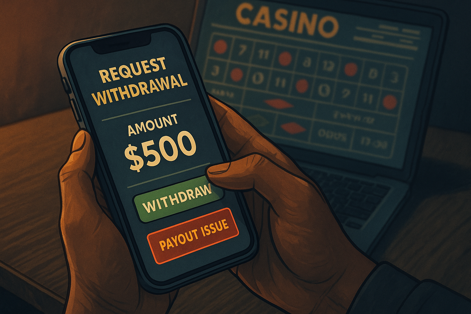 A semi-realistic digital illustration depicts a person holding a smartphone showing a $500 withdrawal request with a payout issue warning, while a blurred online casino interface is visible on the laptop in the background, representing online gambling risks and InsightsBet's protective tools.