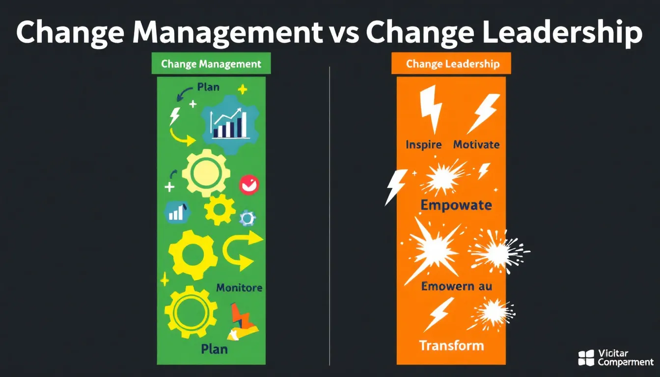 A diagram illustrating the key differences between change management and change leadership.