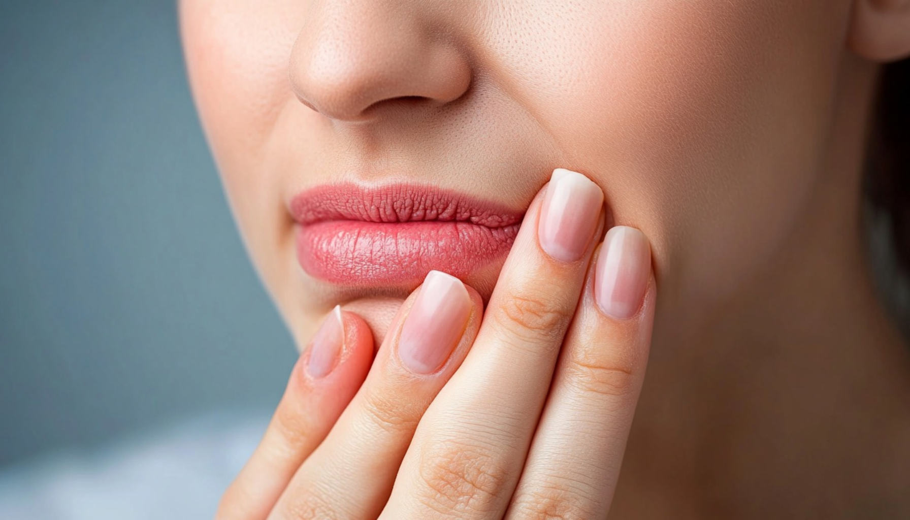 Kvinne holder seg til kinnet med smerter.