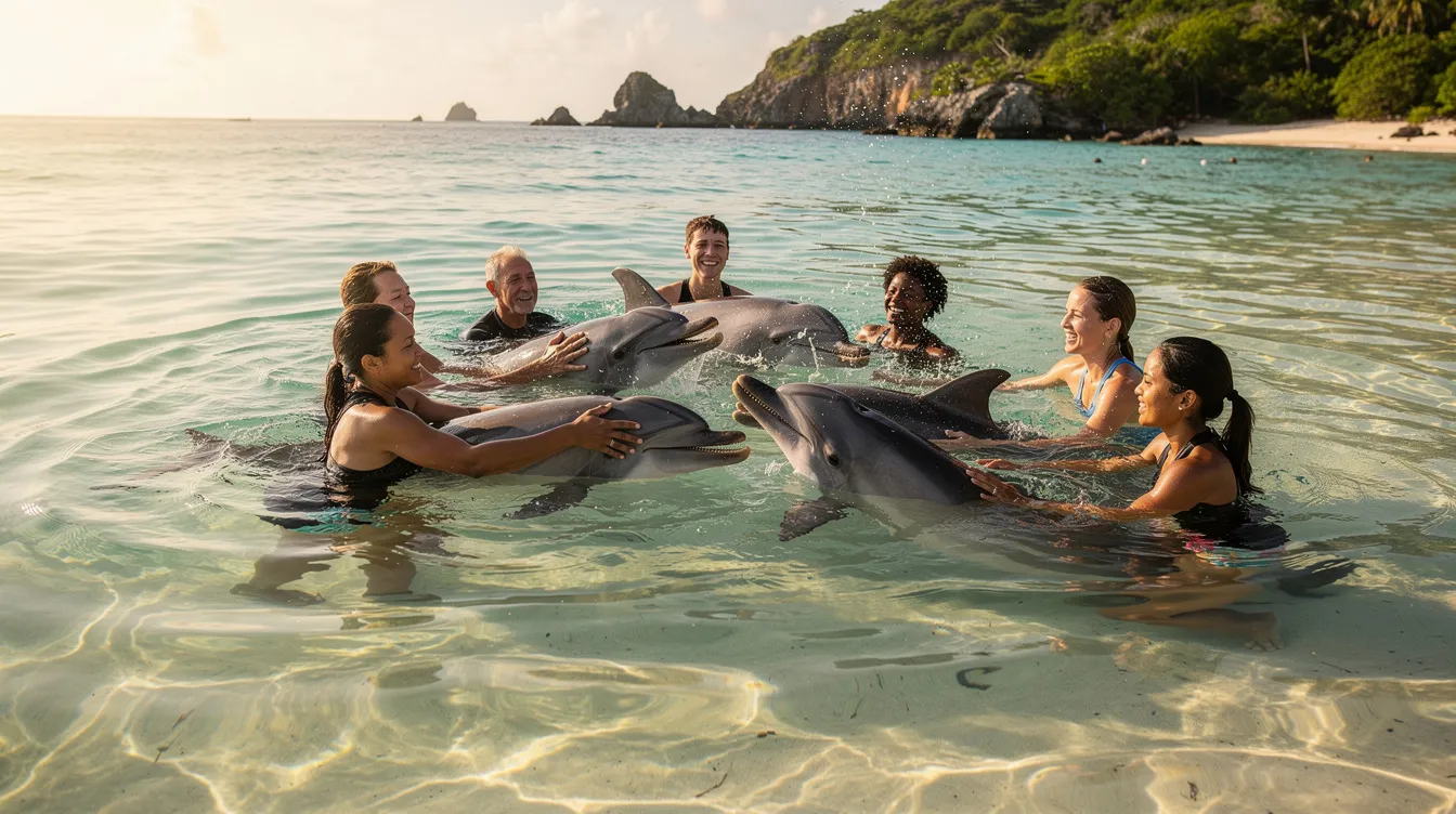 Um grupo de pessoas interage com golfinhos em águas cristalinas do Mar do Caribe, em um ambiente natural na ilha de Curaçao. A cena é marcada pela beleza das praias de areia branca e o azul turquesa do mar, proporcionando uma experiência inesquecível de contato com a vida marinha.