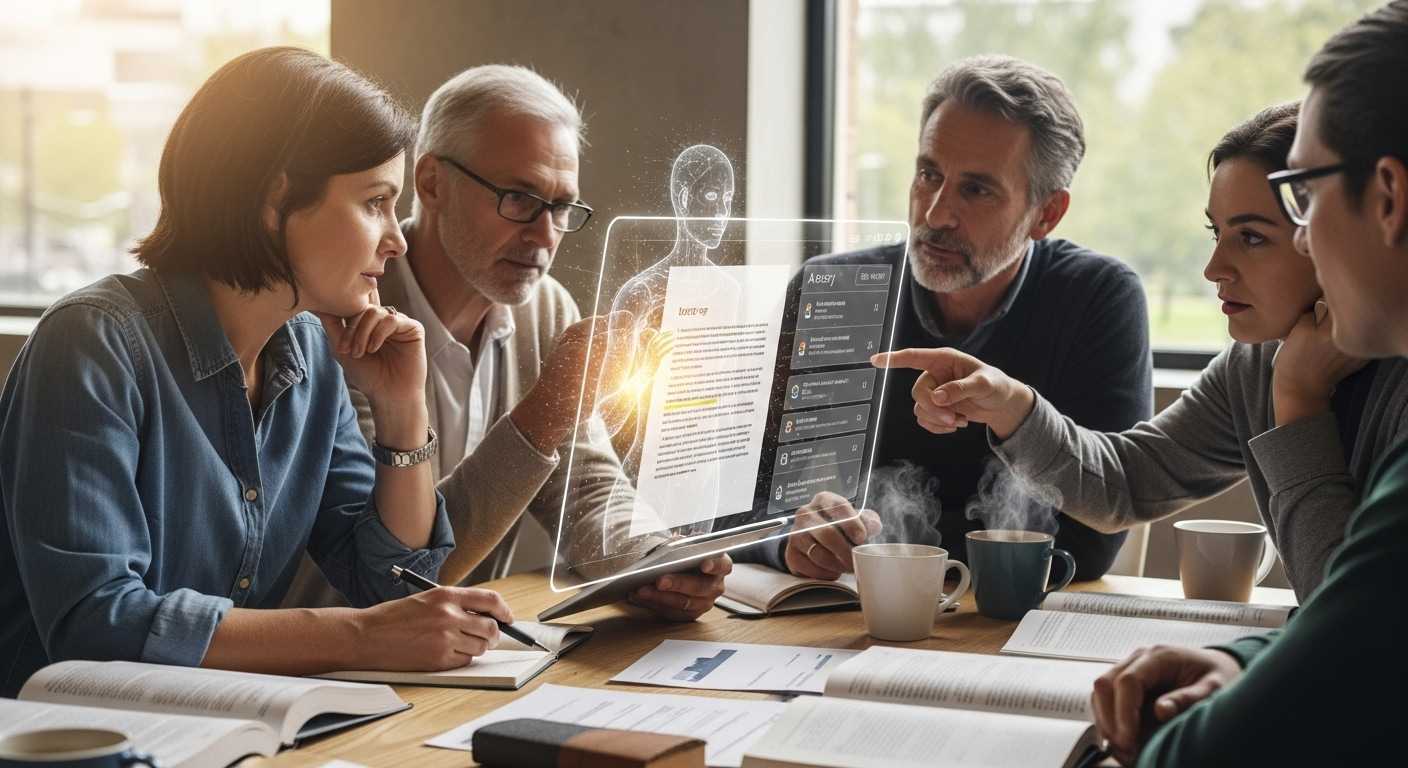 Human and artificial intelligence collaborating in academic assessment, showing trust and accountability.