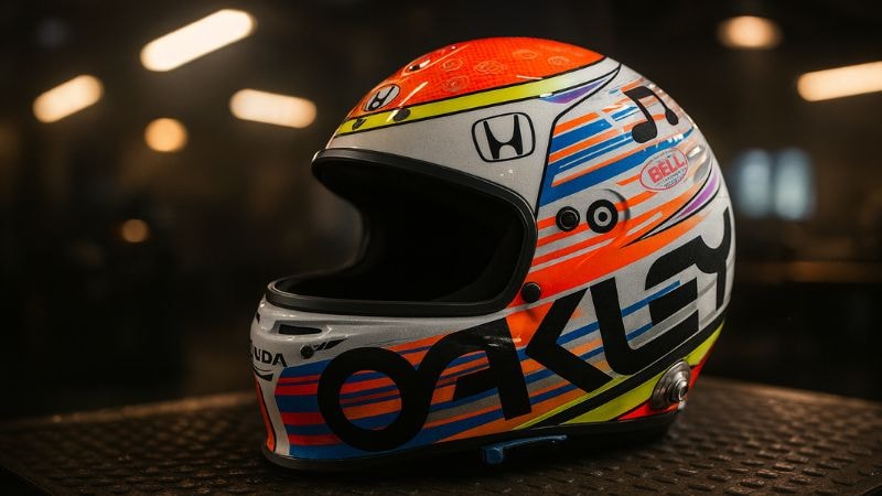 A helmet wrapped in an advertisement vinyl wrap