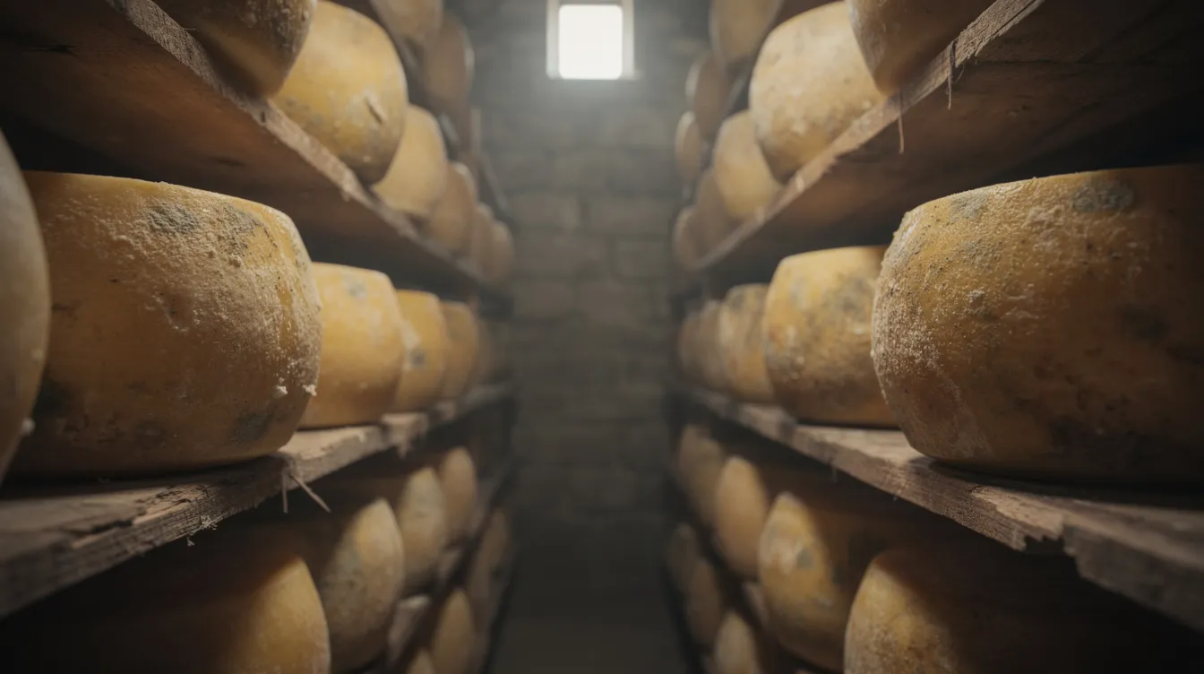 9e5576c9 965d 4c95 8cab cc419d79383a The image depicts rows of large round cheese wheels aging on wooden shelves in a dimly lit cellar, showcasing the cheese production process. These aged cheeses, likely made from cow's milk, are maturing to develop their unique flavors and textures, integral to the art of cheese making.