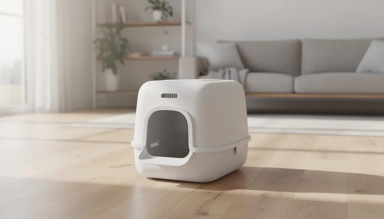 Een moderne witte kattenbak staat in een heldere woonkamer met houten vloeren, waar de actieve zuurstof deodoriseert en geurmoleculen ontleedt, waardoor de kamer fris blijft. Deze kattenbak is een belangrijke toevoeging voor gezonde katten en helpt de penetrante geur van kattenurine te neutraliseren.