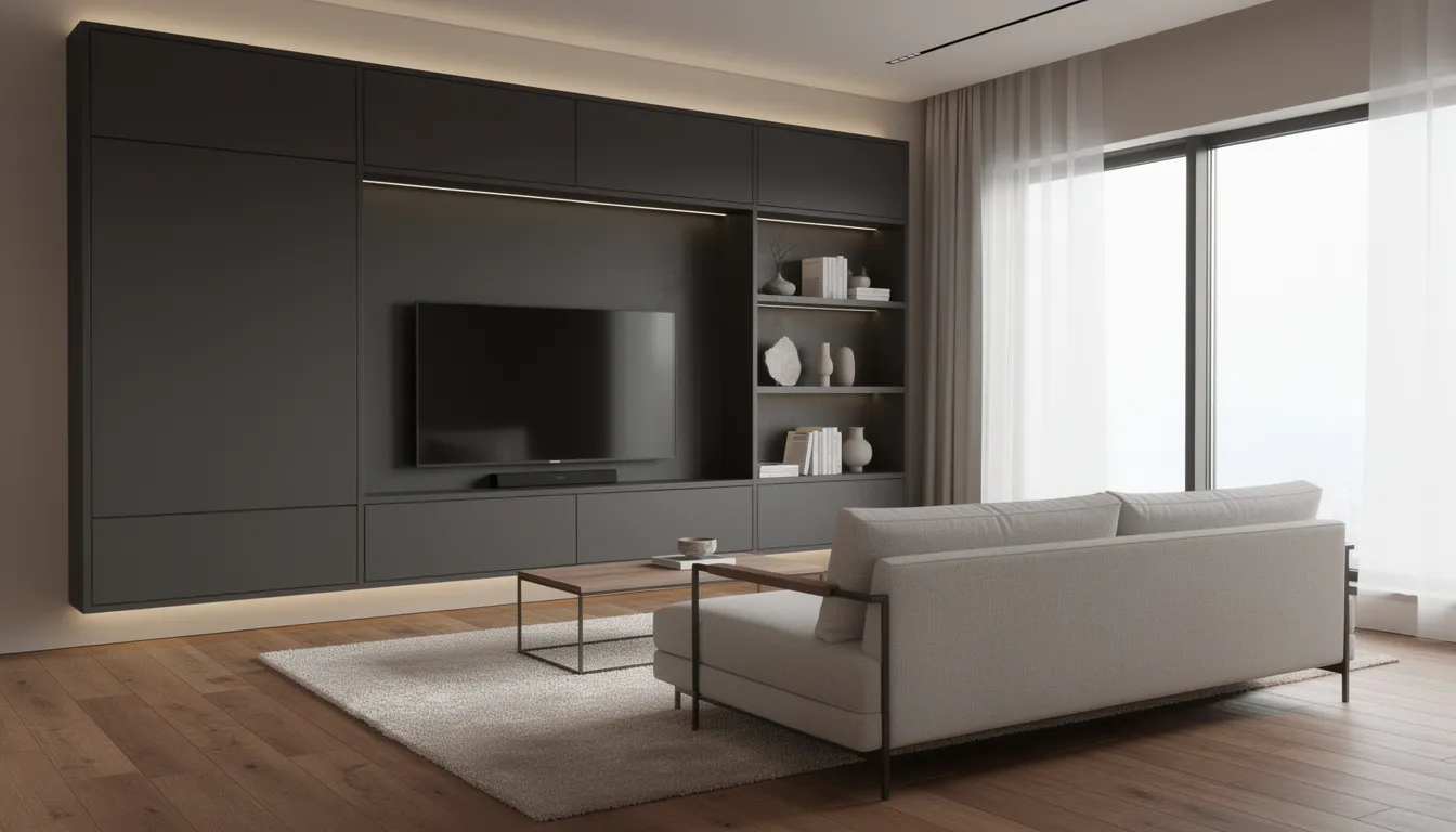 Een moderne woonkamer met een donkergrijze ingebouwde tv kast die voorzien is van schuifdeuren en verborgen kabels, waardoor de opbergruimte netjes en georganiseerd blijft. Het tv meubel is gemaakt van massief hout en biedt verschillende lades en planken voor het opbergen van spullen.