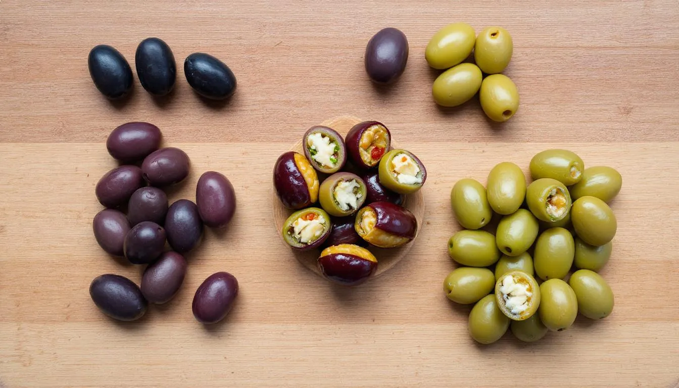 A wooden cutting board displays an assortment of olives, showcasing both plain olives and stuffed varieties, including green and black olives. This arrangement highlights the differences in appearance and texture, emphasizing the healthy fats and nutritional benefits of olives, which can be an occasional treat for dogs, although moderation is key to avoid any digestive upset.