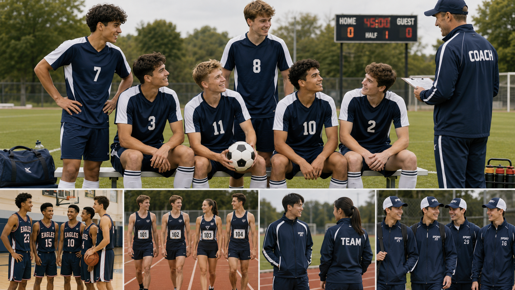 Sports teams wearing coordinated jerseys, shorts, tracksuits, training apparel, numbers, and team branding