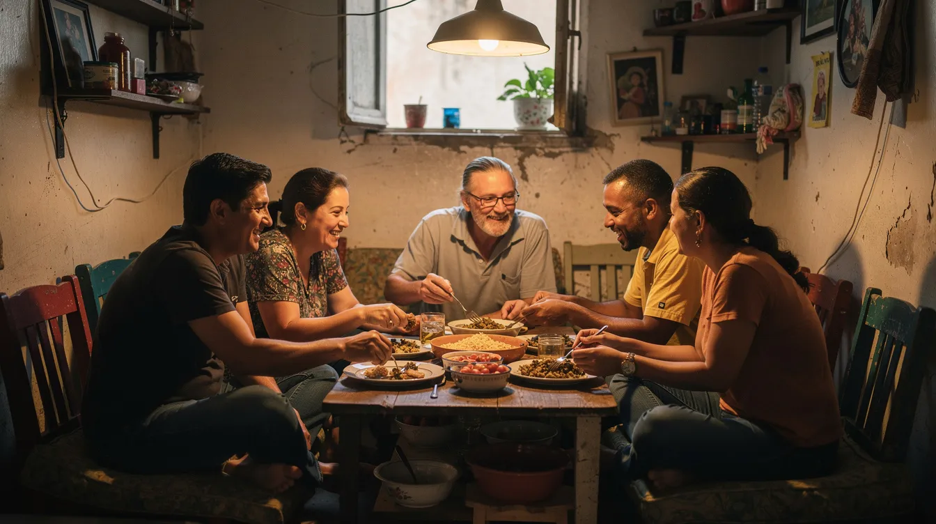 A diverse group of people is gathered around a dinner table in a cozy room, sharing a simple meal filled with laughter and conversation, embodying the spirit of Christian hospitality as they practice kindness and welcome each other as brothers and sisters in faith. This scene reflects the biblical principle of loving strangers and the generous hospitality commanded in both the Old and New Testaments.