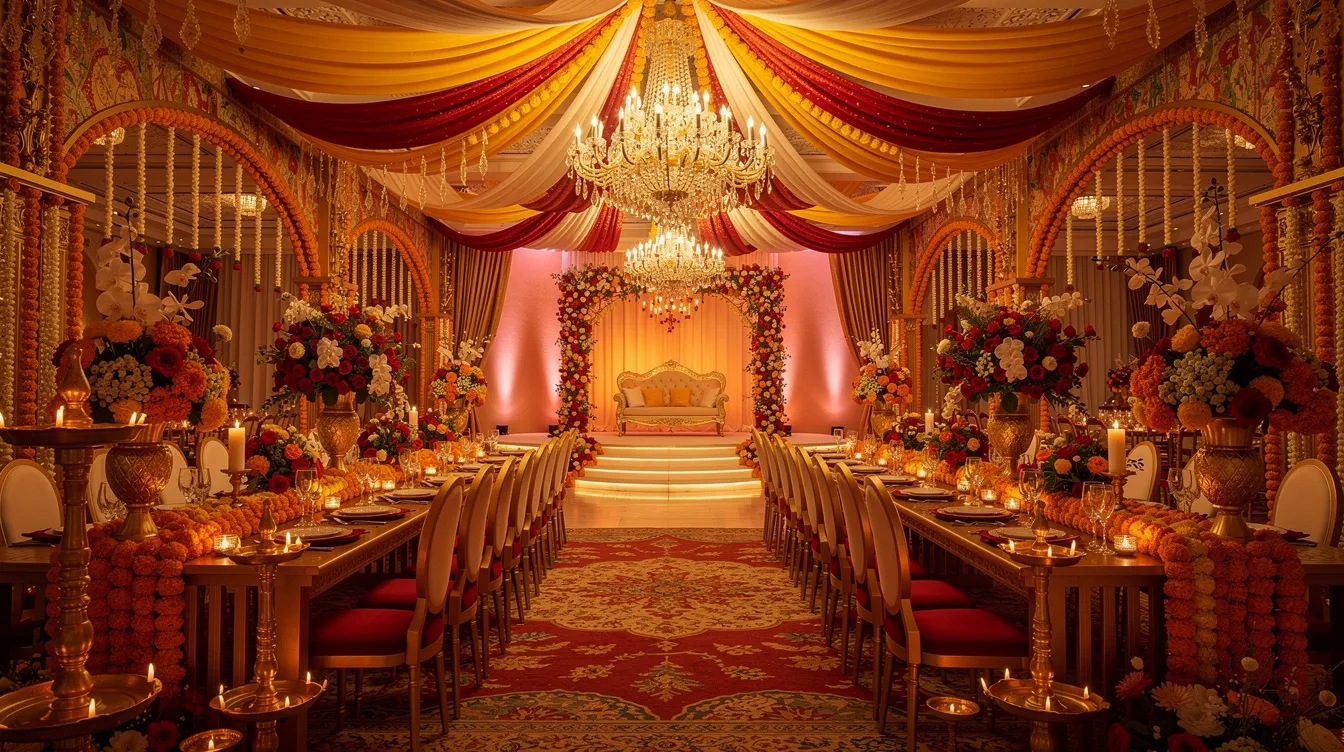 The image depicts a grand banquet hall lavishly decorated for an Indian wedding, featuring vibrant floral arrangements and soft ambient lighting that creates an enchanting atmosphere. This luxurious setting exemplifies the hospitality industry's focus on enhancing guest satisfaction and maximizing revenue through memorable events.