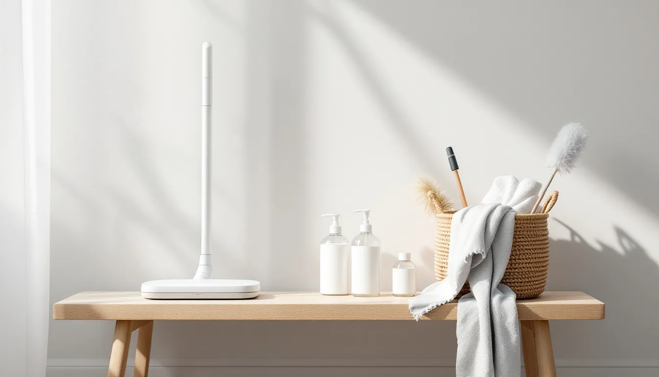 Effectieve hulpmiddelen voor het schoonmaken van een huis, inclusief een stofzuiger en schoonmaakmiddelen.