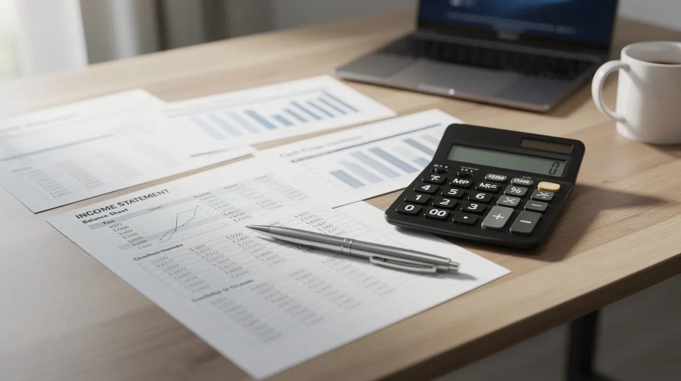 The image features financial statements and a calculator placed on an office desk, symbolizing the analysis and planning involved in the uht milk market. This setting reflects the financial aspects and market growth trends in the dairy industry, particularly focusing on uht milk production and processing.