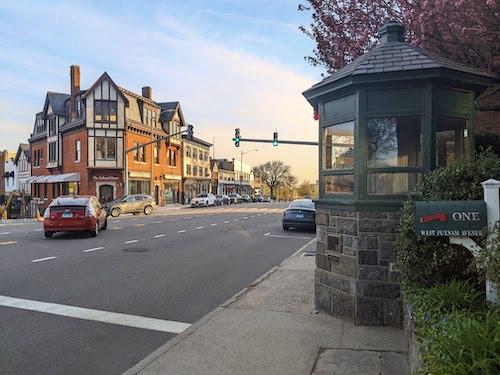 The top of Greenwich Avenue during spring in Greenwich CT