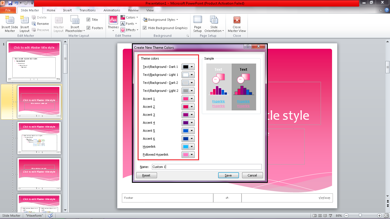 In the "Theme colors," change the different options that you want to display in your PowerPoint theme.