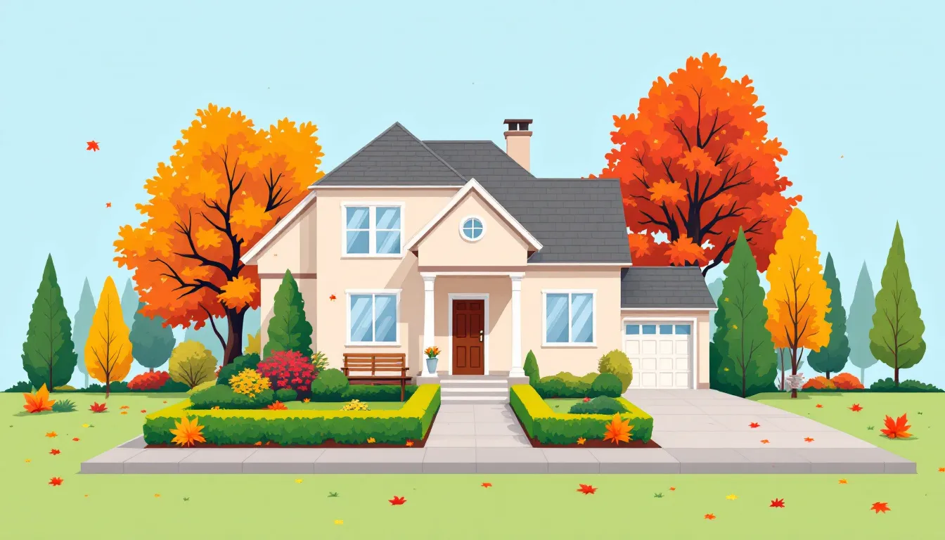 A well-maintained home surrounded by autumn foliage.