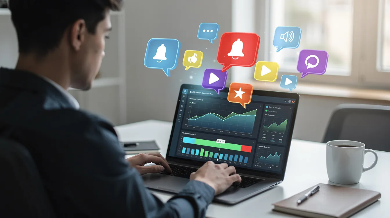 A person is sitting at a desk, focused on a laptop displaying video analytics graphs related to their YouTube channel. Colorful notification icons float above, indicating various engagement metrics and interactions, highlighting the importance of audience engagement in boosting their YouTube content strategy.