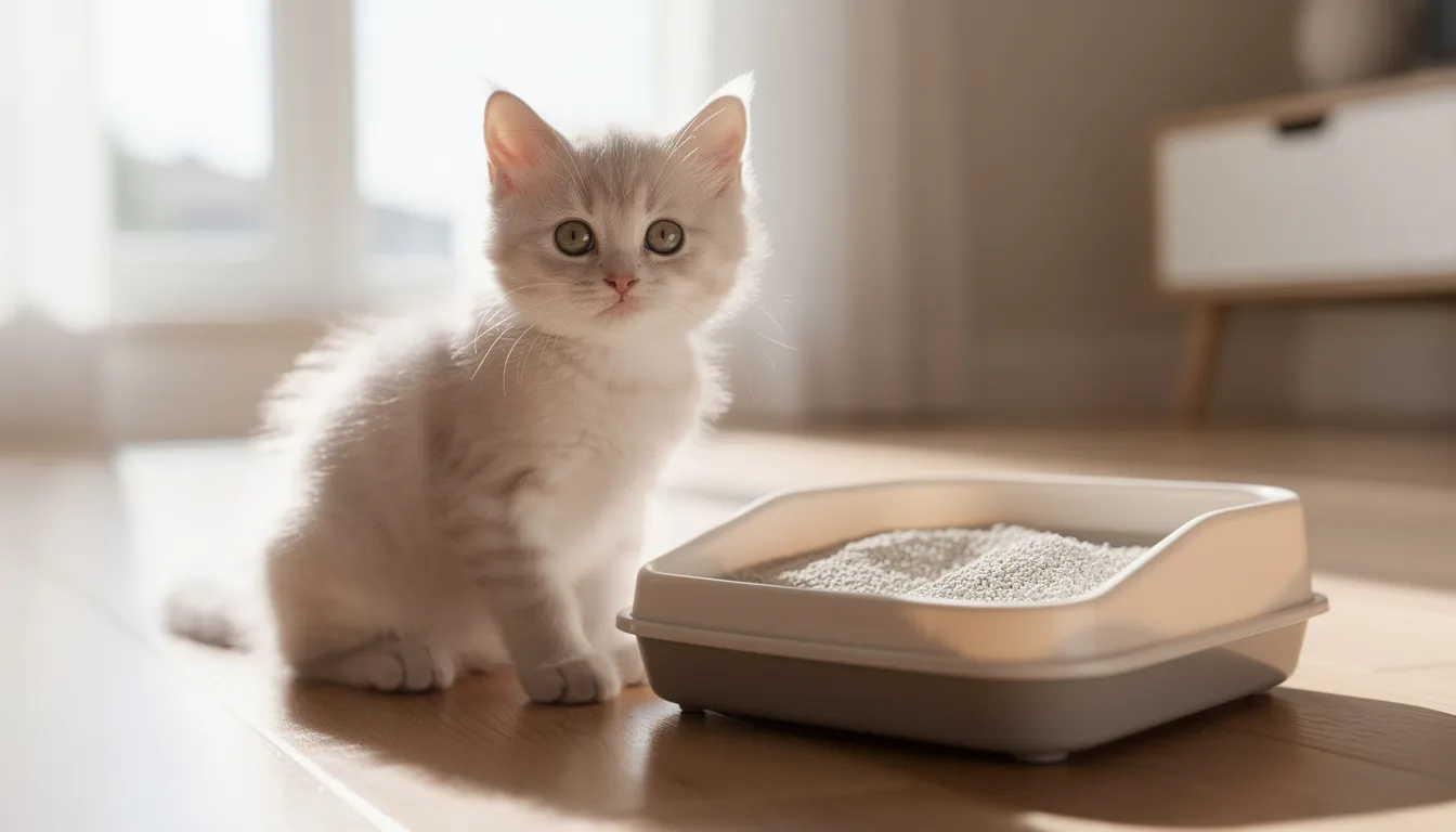 Een jonge kitten zit naast een kleine, lage kattenbak in een lichte kamer, terwijl het zijn omgeving verkent. De kitten lijkt nieuwsgierig en gezond, wat belangrijk is voor het gedrag van katten en hun zindelijkheid.