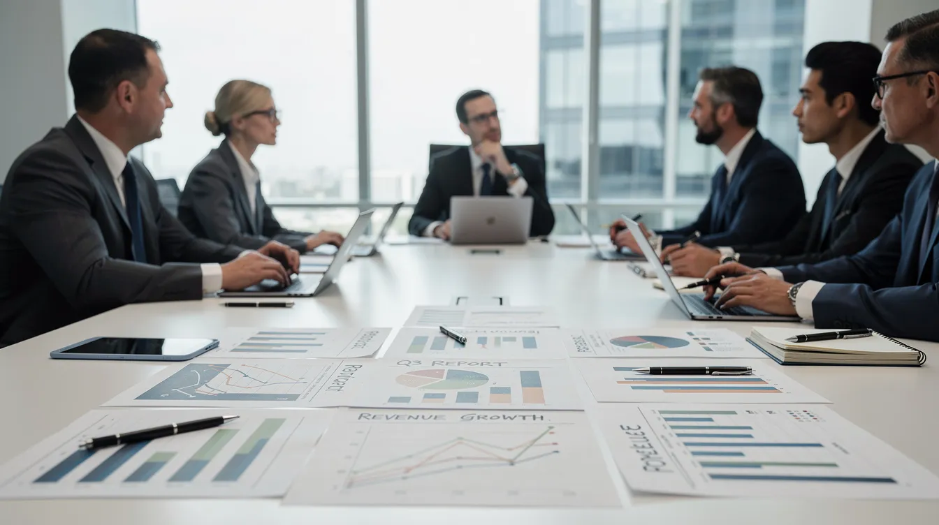 9e5ee948 9f59 4fd5 a6b5 d6bc42658537 The image depicts a professional business consultation meeting where participants are reviewing documents and financial charts related to the whey protein powder industry. The conference table is covered with reports highlighting key metrics such as profit and loss accounts, operating expenses, and market research, essential for making informed decisions about whey protein manufacturing and project funding.