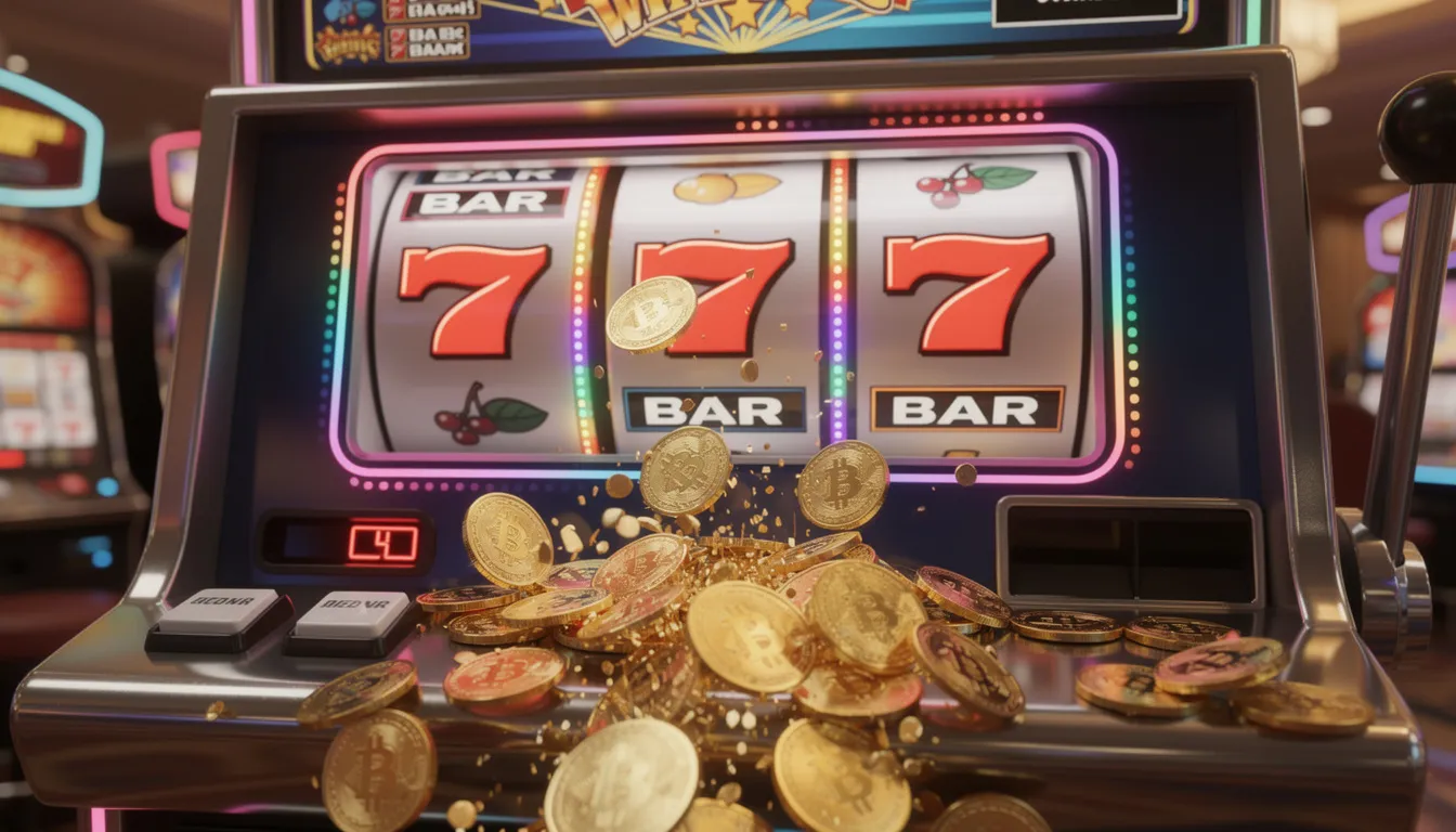 Winning Slots Combination The image depicts colorful slot machine reels displaying a winning combination, surrounded by a cascade of gold coins, symbolizing the thrill of casino games and the excitement of online gaming. This vibrant scene captures the essence of playing slots in a secure gaming environment, where players can enjoy amazing rewards and the chance for real money gambling.