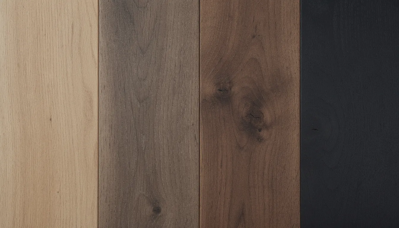 Close-up van vier verschillende houtstructuren, waaronder licht eiken, gerookt eiken, walnoot en zwart gebeitst hout, die samen een stijlvolle toevoeging vormen voor een moderne woonkamer. Deze unieke uitstraling van de houten tv meubel benadrukt de natuurlijke en warme uitstraling van hoogwaardige materialen.