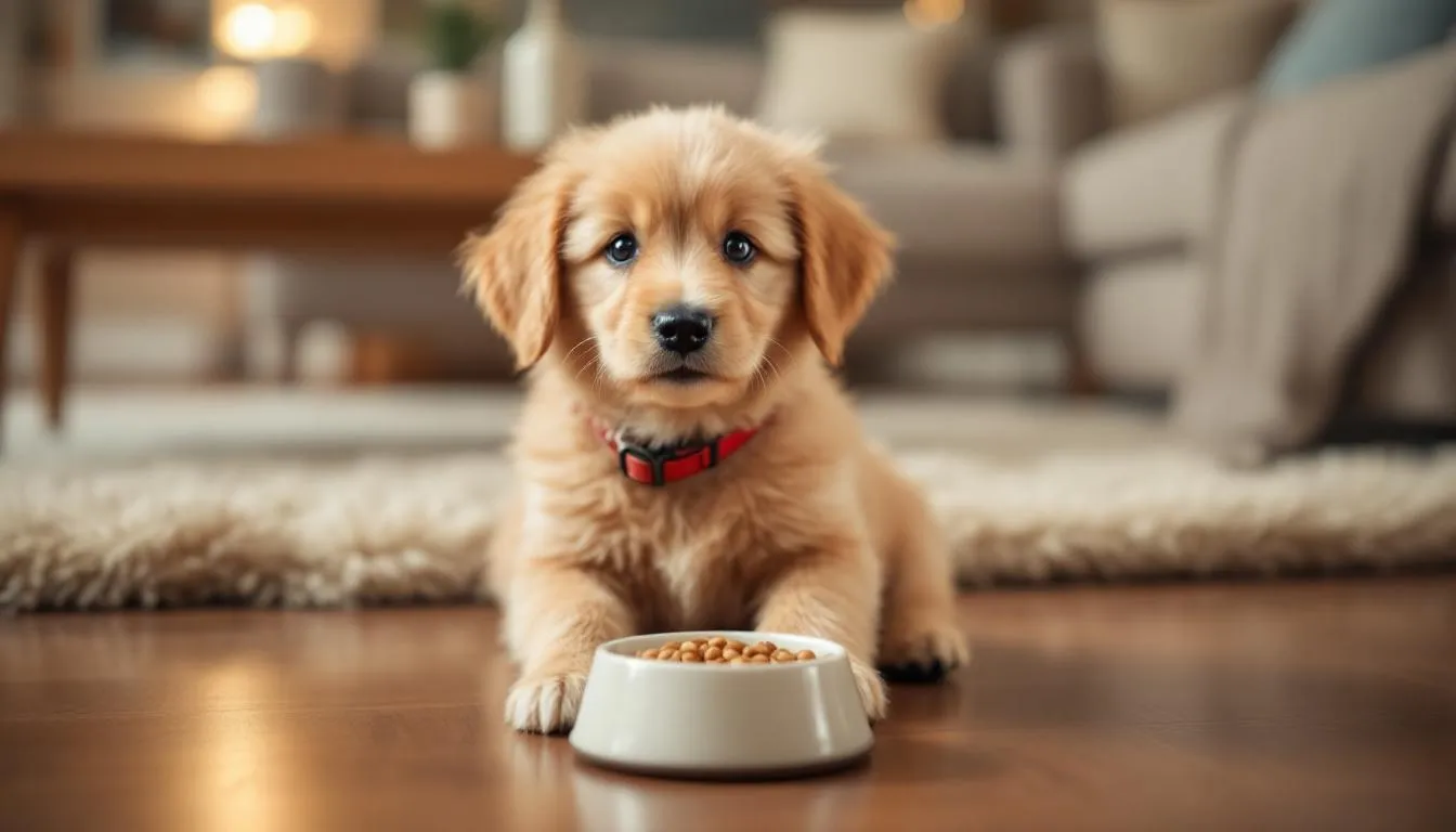 A teacup goldendoodle is happily eating from a small food bowl in a cozy indoor setting, showcasing its adorable appearance and playful spirit. This affectionate little dog, known for its hypoallergenic coat and charming personality, enjoys a balanced diet in a comfortable environment.