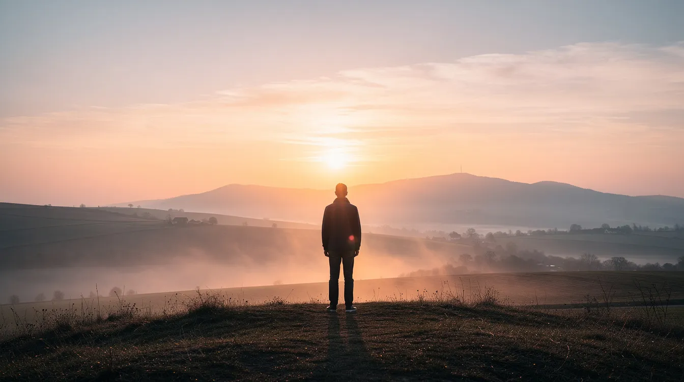 A person stands at the edge of a cliff, gazing at the horizon as the sun rises, symbolizing contemplation of the future and the evolving landscape of the labor market influenced by generative AI. This moment captures the profound questions surrounding the role of artificial intelligence in shaping human labor and the path forward in a world where efficiency gains and new technologies create both opportunities and constraints.