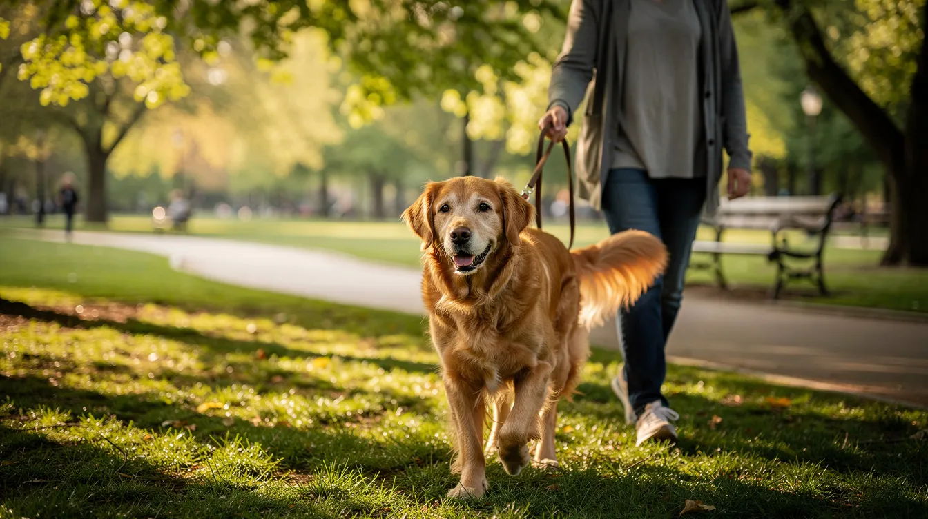 A senior golden retriever walks gently on a lead through a lush green park alongside its owner, showcasing the dog's mobility despite age-related challenges such as sore stiff joints. This peaceful scene highlights the importance of joint health and comfort for arthritic dogs, reminding pet owners of the benefits of dietary support and natural anti-inflammatory treatments like boswellia for dogs.