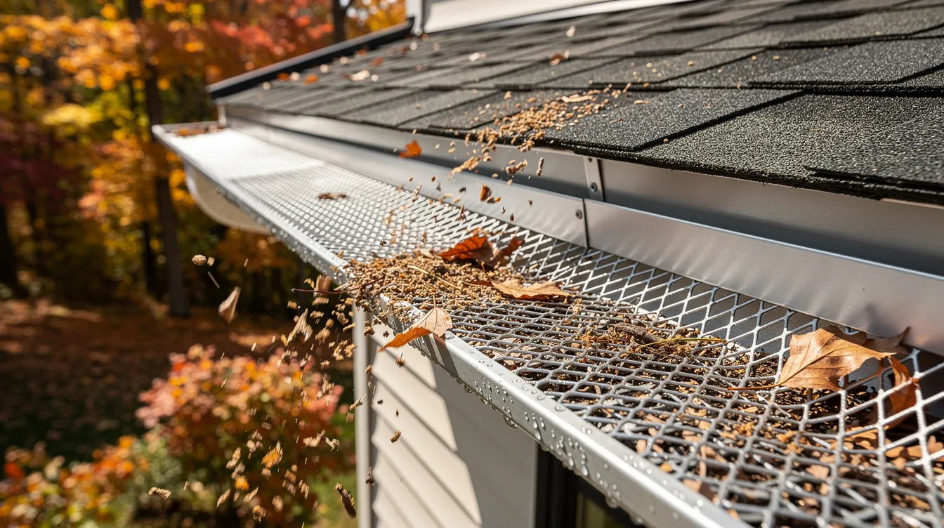 Mesh gutter guard installed on residential gutters allowing debris to shed while water enters the system.
