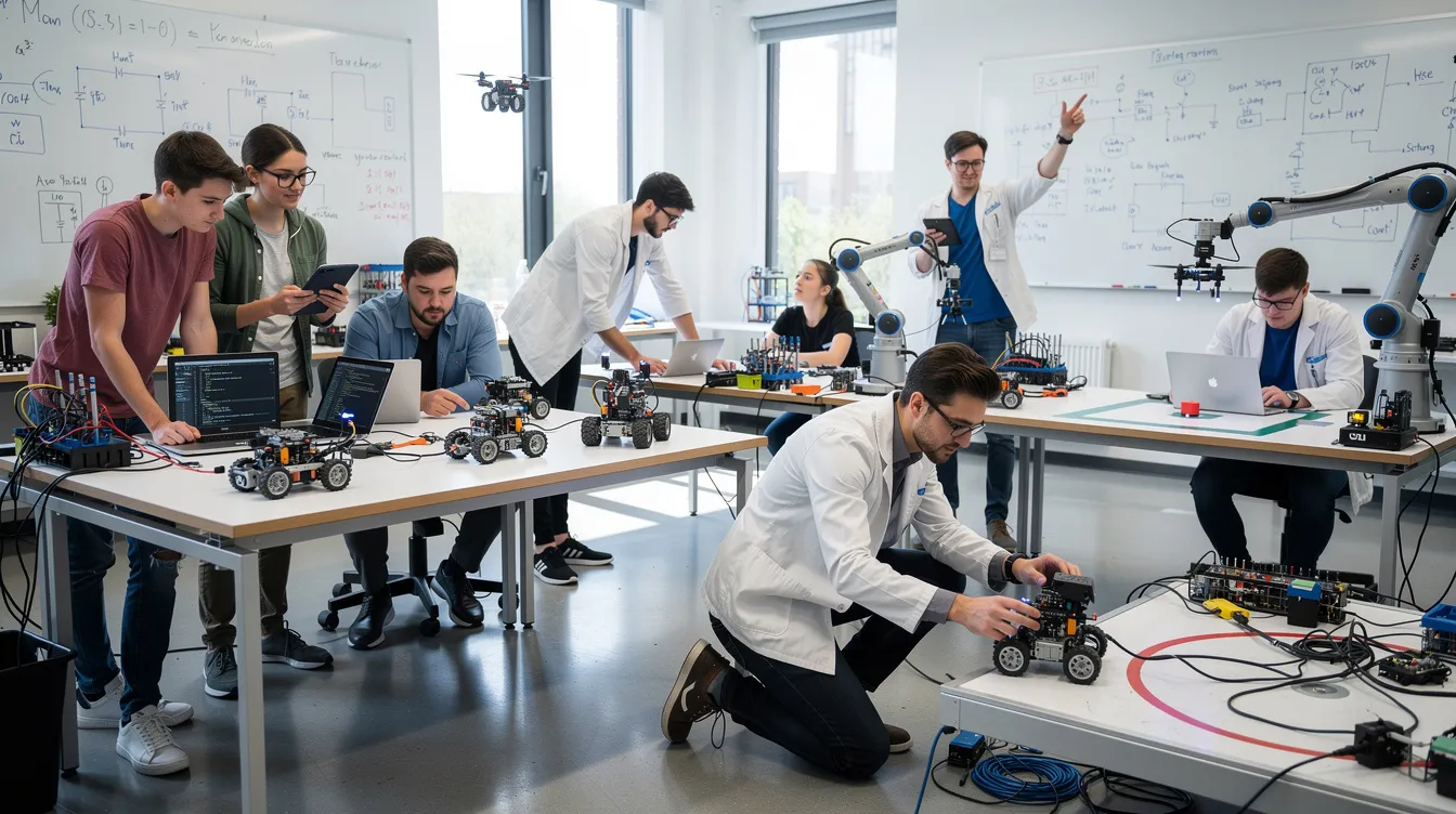 A group of students and engineers are collaborating to test small robotic devices, exploring the intersection of artificial intelligence and machine learning. Their hands-on experimentation highlights the practical applications of AI technology and the development of innovative solutions to real-world problems.