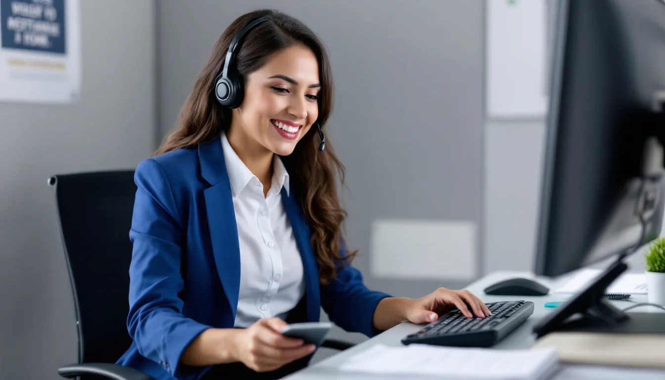 A customer service representative is assisting a customer over the phone, providing support for their account and answering questions about new phones and online orders. The representative is professional and patient, ensuring a great experience for the customer as they discuss options and solutions related to their Verizon service.