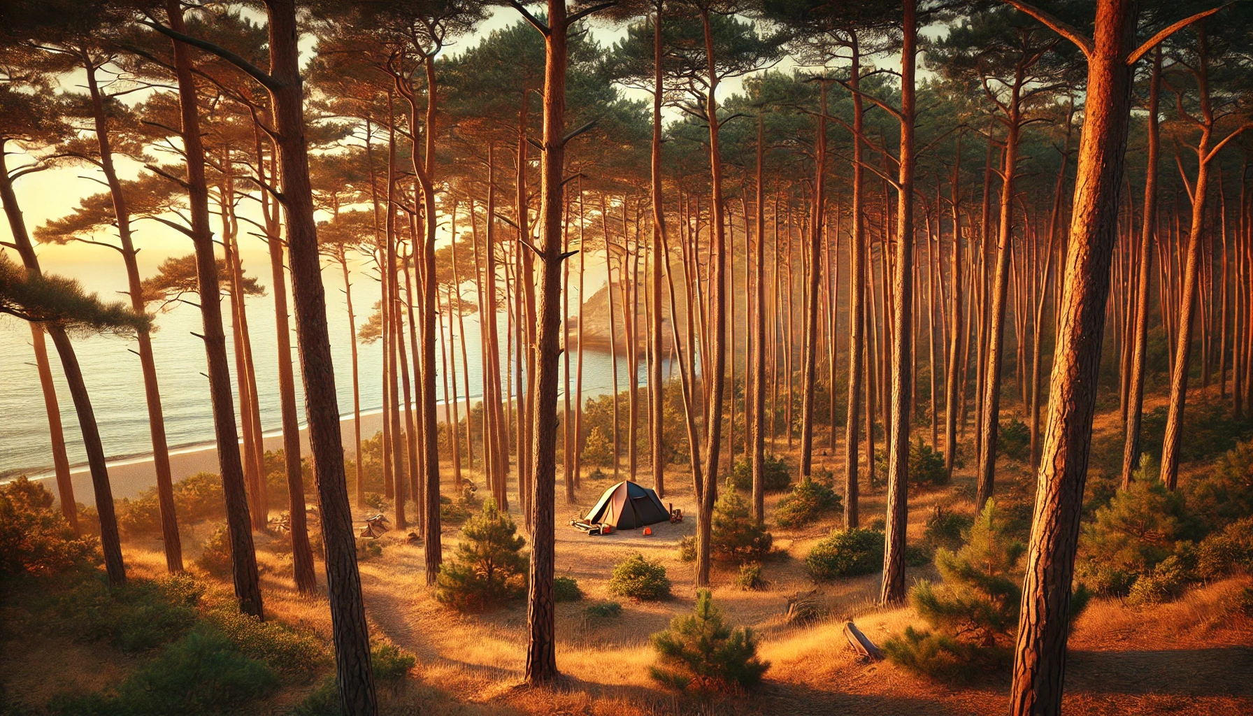 photograph of a pine forest near the sea in Hossegor, with a distant tent nestled under tall pine trees.