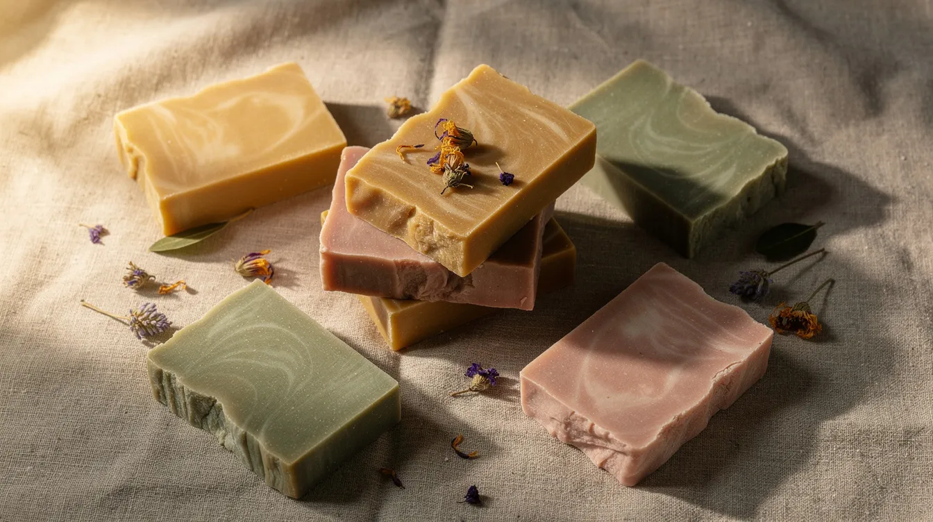The image features a vibrant collection of handmade soap bars in natural shades of golden, pink, and green, artistically arranged on a soft linen cloth. Each bar showcases the benefits of infused oils, reflecting the artistry of soap making with natural ingredients and essential oils.