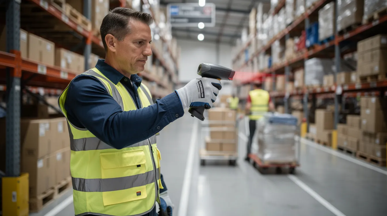 In a busy distribution center aisle, warehouse workers are utilizing handheld barcode scanners equipped with pistol-grip trigger handles to efficiently manage inventory. The scene highlights the importance of portable electronic devices, such as rf scanners, in optimizing the workflow within the warehouse environment.
